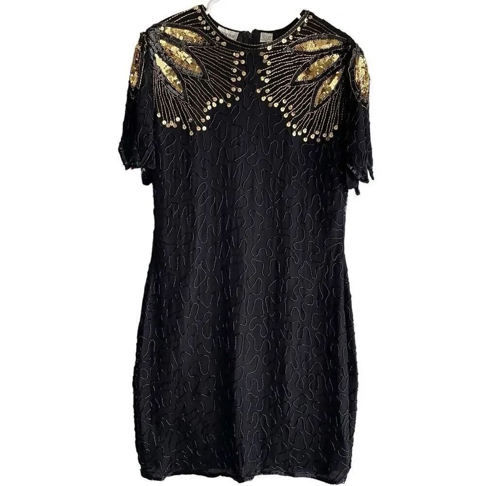 Vtg Denise Elle Womens Silk Cocktail Dress PL Black Gold Beaded Sequin New Years